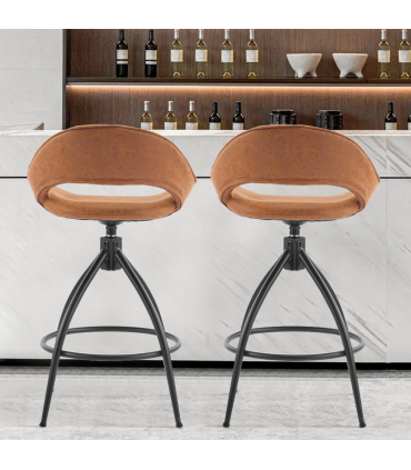 2pcs hollow backrest PU spray-coated bent iron feet bar stool brown with swivel