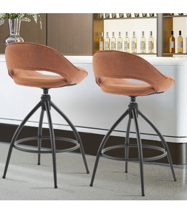 2pcs hollow backrest PU spray-coated bent iron feet bar stool brown with swivel