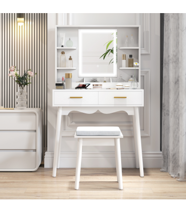 HOMCOM Dressing Table with LED Lighted Mirror and Cushioned Stool White