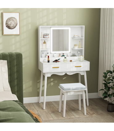 HOMCOM Dressing Table with LED Lighted Mirror and Cushioned Stool White