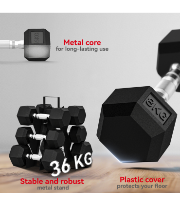 SPORTNOW 36KG Hex Dumbbell Set with Dumbbell Rack, Rubber Coated Weights