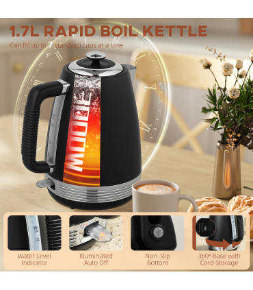 HOMCOM 1.7L 3000W Quick Boil Kettle and 4 Slice Toaster Set Crumb Tray Black