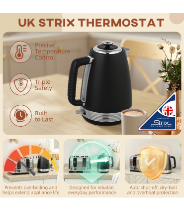 HOMCOM 1.7L 3000W Quick Boil Kettle and 4 Slice Toaster Set Crumb Tray Black