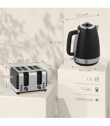 HOMCOM 1.7L 3000W Quick Boil Kettle and 4 Slice Toaster Set Crumb Tray Black