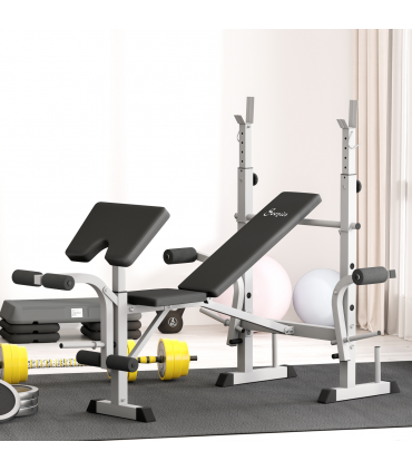 HOMCOM Adjustable Weight Bench with Squat Rack, Leg Developer, Grey