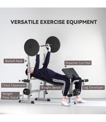 HOMCOM Adjustable Weight Bench with Squat Rack, Leg Developer, Grey