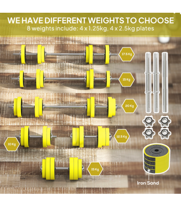 HOMCOM Adjustable 20KGS Barbell & Dumbbell Set for Home Gym, Yellow