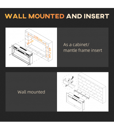 HOMCOM 127cm Electric Fireplace Recessed and Wall Mounted Electric Fire Black