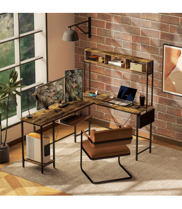 HOMCOM Reversible Corner Desk w/ USB Port, Long Computer Desk for 2 Person