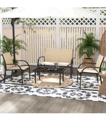 Outsunny 4pcs Patio Furniture Set Garden Sofa Glass Top Coffee Table Beige