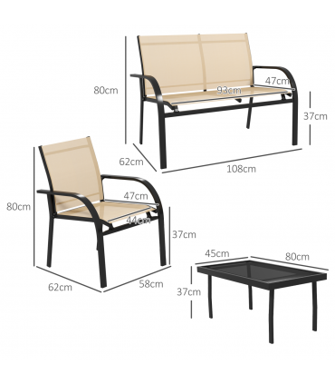 Outsunny 4pcs Patio Furniture Set Garden Sofa Glass Top Coffee Table Beige