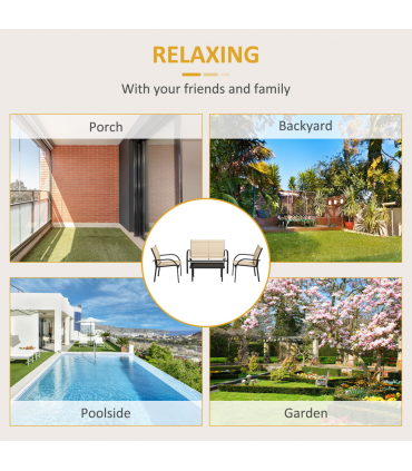 Outsunny 4pcs Patio Furniture Set Garden Sofa Glass Top Coffee Table Beige