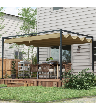Outsunny 4x3(m) Metal Pergola Gazebo Patio Sunshelter Retractable Canopy Khaki