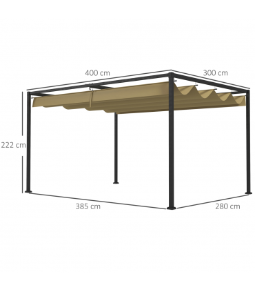 Outsunny 4x3(m) Metal Pergola Gazebo Patio Sunshelter Retractable Canopy Khaki