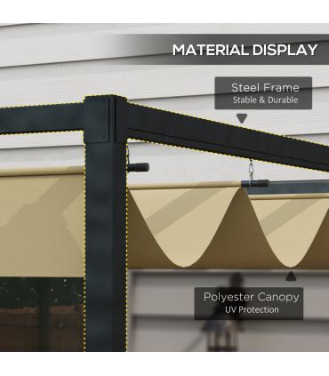 Outsunny 4x3(m) Metal Pergola Gazebo Patio Sunshelter Retractable Canopy Khaki