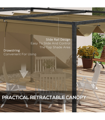 Outsunny 4x3(m) Metal Pergola Gazebo Patio Sunshelter Retractable Canopy Khaki