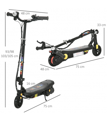 Electric Scooter Folding E-Scooter w/ LED Headlight, Ages 7-14, Black, 93-105cm