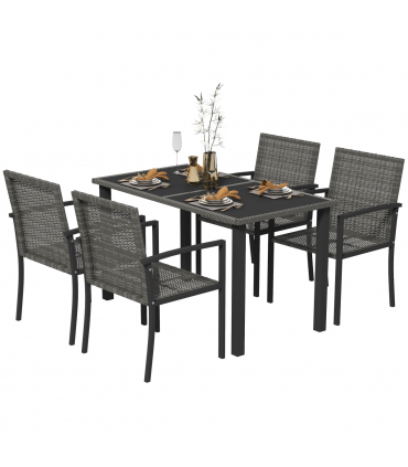 Outsunny 4 Seater Rattan Garden Furniture Set with Glass Tabletop - Grey