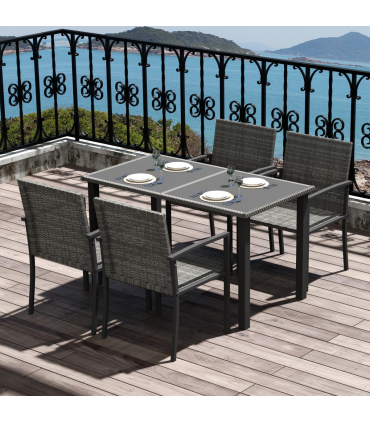 Outsunny 4 Seater Rattan Garden Furniture Set with Glass Tabletop - Grey
