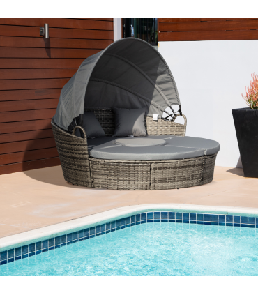 Outsunny 5 PCs Cushioned Outdoor Plastic Rattan Round Sofa Bed Table Set Grey