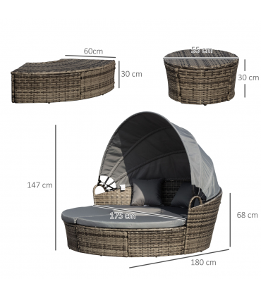 Outsunny 5 PCs Cushioned Outdoor Plastic Rattan Round Sofa Bed Table Set Grey