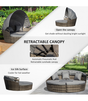 Outsunny 5 PCs Cushioned Outdoor Plastic Rattan Round Sofa Bed Table Set Grey