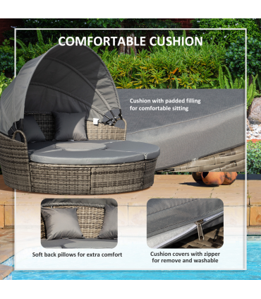 Outsunny 5 PCs Cushioned Outdoor Plastic Rattan Round Sofa Bed Table Set Grey