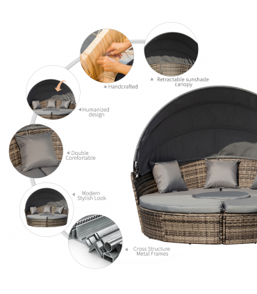 Outsunny 5 PCs Cushioned Outdoor Plastic Rattan Round Sofa Bed Table Set Grey