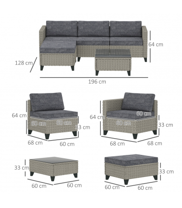 Outsunny 5 PCs Rattan Garden Furniture Set with Glass Coffee Table Dark Grey