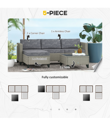 Outsunny 5 PCs Rattan Garden Furniture Set with Glass Coffee Table Dark Grey