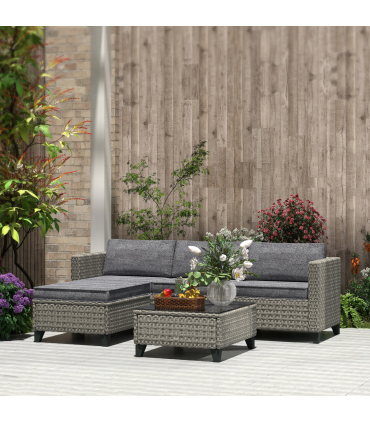 Outsunny 5 PCs Rattan Garden Furniture Set with Glass Coffee Table Dark Grey