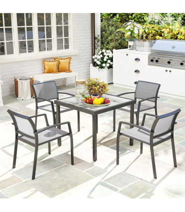 Outsunny 5 Piece Garden Furniture Set with 4 Stackable Armchairs, Grey