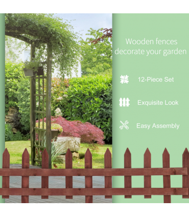 Outsunny Pack of 12 Wooden Plant Border Fence Garden Fixed Picket Fence Brown