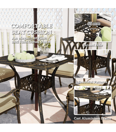 Outsunny 5 Pieces Cast Aluminium Garden Dining Set with Parasol Hole, Bronze