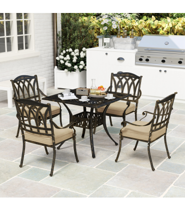 Outsunny 5 Pieces Cast Aluminium Garden Dining Set with Parasol Hole, Bronze
