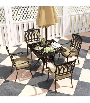 Outsunny 5 Pieces Cast Aluminium Garden Dining Set with Parasol Hole, Bronze