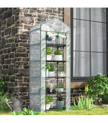 Outsunny 5 Tier Mini Greenhouse Grow House w/ Roll Up Door, White/Green