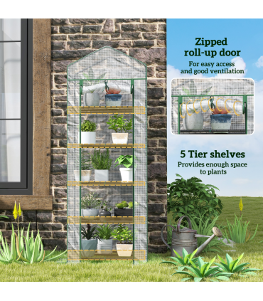 Outsunny 5 Tier Mini Greenhouse Grow House w/ Roll Up Door, White/Green