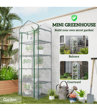 Outsunny 5 Tier Mini Greenhouse Grow House w/ Roll Up Door, White/Green