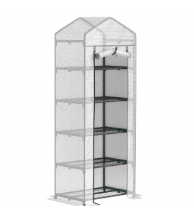 Outsunny 5 Tier Mini Greenhouse Grow House w/ Roll Up Door, White/Grey