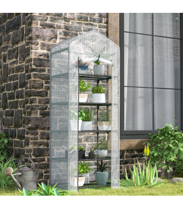 Outsunny 5 Tier Mini Greenhouse Grow House w/ Roll Up Door, White/Grey