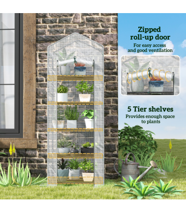 Outsunny 5 Tier Mini Greenhouse Grow House w/ Roll Up Door, White/Grey