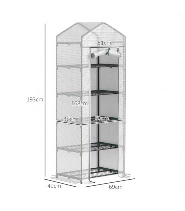 Outsunny 5 Tier Mini Greenhouse Grow House w/ Roll Up Door, White/Grey