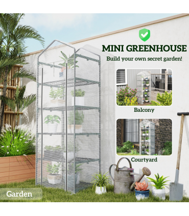 Outsunny 5 Tier Mini Greenhouse Grow House w/ Roll Up Door, White/Grey