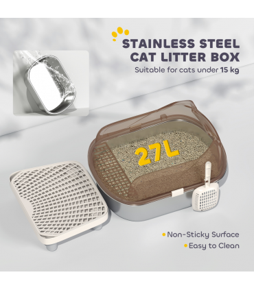 PawHut Stainless Steel Litter Box, Cat Litter Tray w/ Lid, Pedal, Scoop