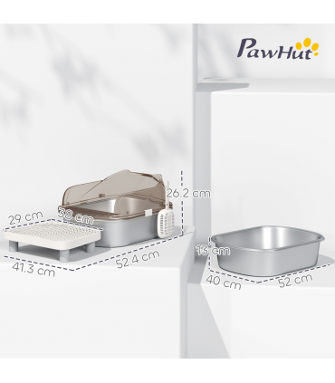 PawHut Stainless Steel Litter Box, Cat Litter Tray w/ Lid, Pedal, Scoop