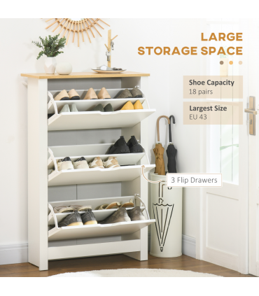 HOMCOM 18-Shoe Storage Cabinet 6 Shelves 3 Drawers Tabletop 4 Legs Modern White
