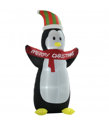 HOMCOM 8ft Inflatable Penguin & Christmas Banner Decoration Inner LED Lights