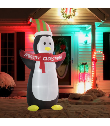 HOMCOM 8ft Inflatable Penguin & Christmas Banner Decoration Inner LED Lights