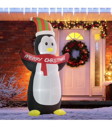 HOMCOM 8ft Inflatable Penguin & Christmas Banner Decoration Inner LED Lights